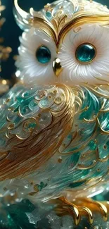 Elegant owl with crystal and golden details in teal hues.