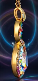 Gold and crystal pendant with colorful accents on abstract background.