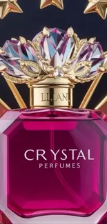 Luxurious crystal perfume bottle with gold accents and jewels.