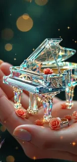 Crystal miniature piano held gracefully with roses.
