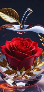 A red rose encased in a transparent crystal apple with golden leaves.