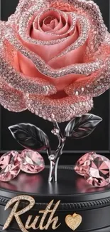 Pink crystal rose with sparkling decor on dark background.