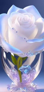 Elegant white rose with shimmering crystals, perfect for mobile wallpaper.