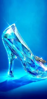 Crystal high heel illuminated in blue light against a vibrant background.