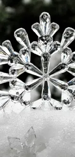 Elegant crystal snowflakes on a snowy background, highlighting winter beauty.