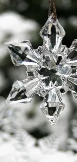 Crystal snowflake ornament in a winter scene with icy details.