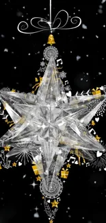 Crystal star with elegant black and gold design on dark background.