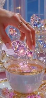 Hand placing crystals in an elegant teacup, surrounded by shimmering decor.