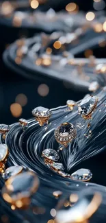 Artistic crystal waterfall with gold accents on dark background.