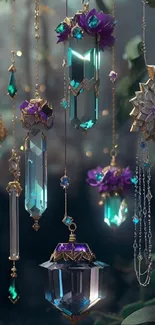 Intricate gold and teal crystal decorations hanging on a serene background.