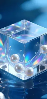 Transparent cube with pearls on blue background