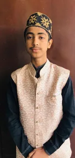 Young man in traditional attire standing against a brown background.