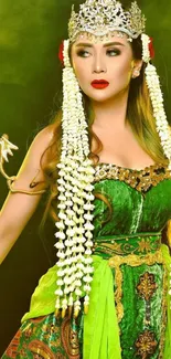 Elegant woman in green traditional attire with ornate details and jewelry.