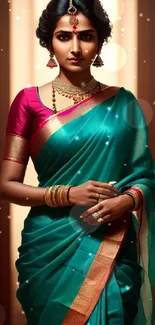 Woman in a vibrant teal saree with traditional jewelry, standing elegantly.