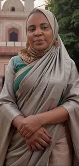 Elegant woman in traditional attire with historical architecture.