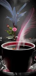 Elegant coffee cup with feathers and roses.