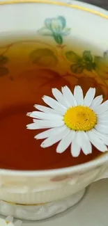 Delicate tea cup with chamomile flower floating.