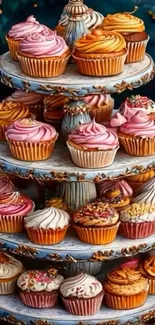 A beautifully arranged cupcake stand with ornate designs and floral accents.