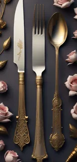 Elegant gold cutlery with pink roses and a dark background design.