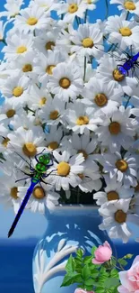 Elegant daisy bouquet on a blue background with dragonflies.