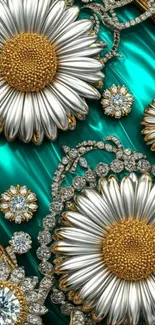 Daisy-shaped jewelry with diamonds on turquoise