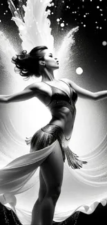 Black and white dance wallpaper featuring an elegant dancer in motion.