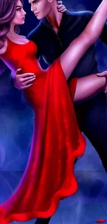 Couple dancing passionately, woman in red dress.