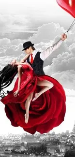 Elegant couple dancing in red rose, Paris skyline background.