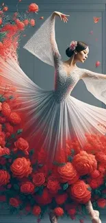 Elegant dancer in floral gown with red roses, perfect as mobile wallpaper.