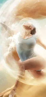 Ethereal dancer in motion with swirling energy in soft beige hues.