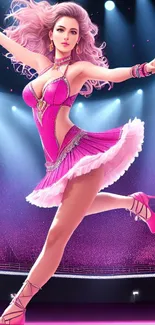 Vibrant dancer in pink dress performing on stage.