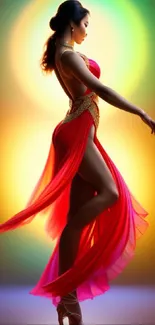 Elegant dancer in a red dress with a colorful background.