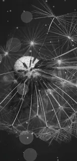 Monochrome dandelion abstract mobile wallpaper with dark gray background.