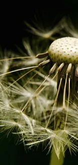 Close-up of a dandelion with seeds on a dark background.