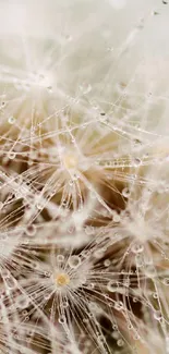 Close-up of delicate dandelion seeds with water droplets on a beige background.