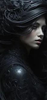 Elegant dark art portrait with intricate black details.