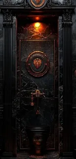 Luxurious dark bathroom with ornate design.