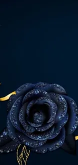 Dark blue rose with gold ribbons on midnight background.