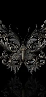 Intricate metal butterfly on black background, elegant mobile wallpaper.