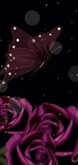 Dark butterfly with purple roses on black background wallpaper