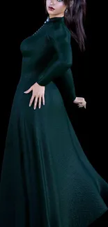 Elegant woman in a dark green dress against a black background.