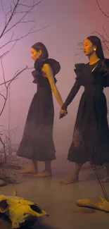 Two figures in dark gowns hold hands in a surreal, mystical setting.