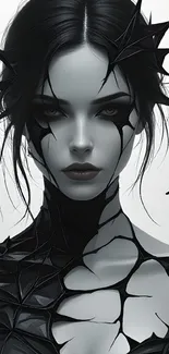 Dark fantasy portrait with intricate black patterns.