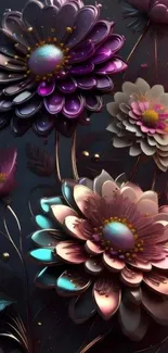 Elegant dark floral art with vibrant blossoming flowers.