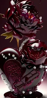 Dark burgundy floral wallpaper with elegant design.