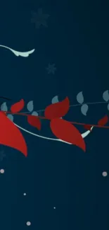 Dark blue wallpaper with red leaves design.