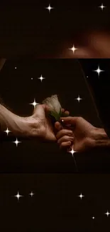 Two hands exchanging a white rose against a dark background with stars.