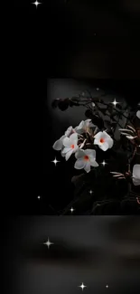 Dark wallpaper with white flowers and a starry background.