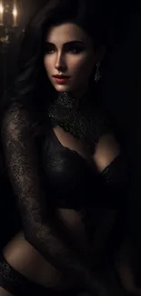 A sophisticated woman in lace, exuding elegance and mystery in dim light.