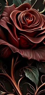 Elegant dark rose with leaves and detailed design.